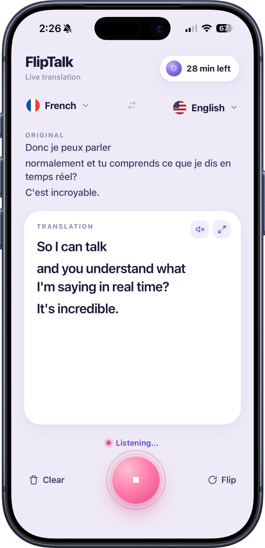 FlipTalk live translation conversation interface